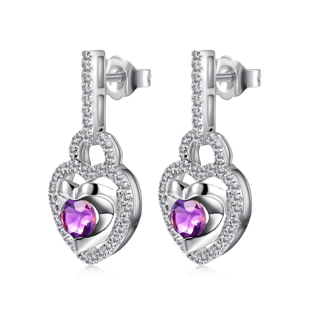 SPARKLD 9ct White Gold Diamond and Amethyst Heart Drop Earrings