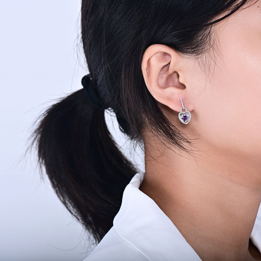 SPARKLD 9ct White Gold Diamond and Amethyst Heart Drop Earrings