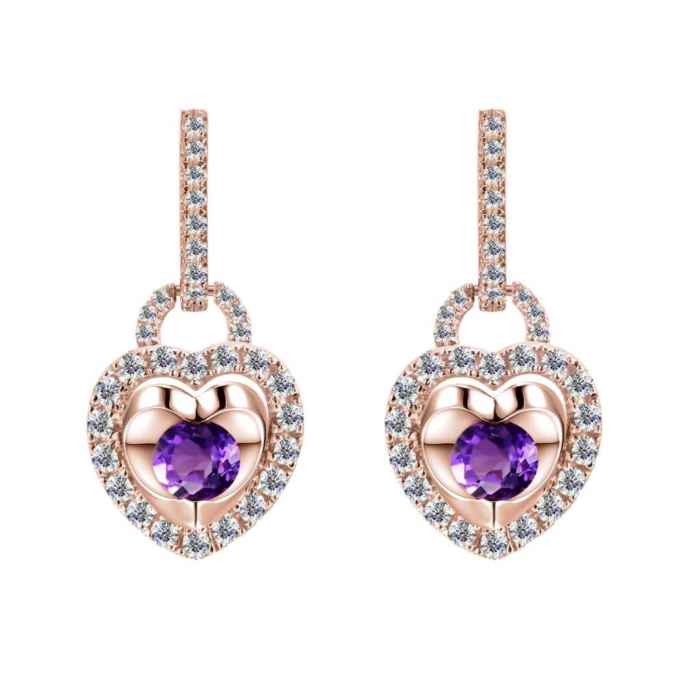 SPARKLD 9ct Rose Gold Diamond and Amethyst Heart Drop Earrings
