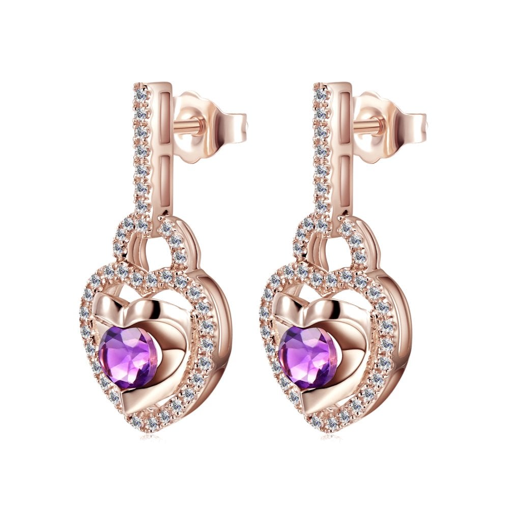 SPARKLD 9ct Rose Gold Diamond and Amethyst Heart Drop Earrings