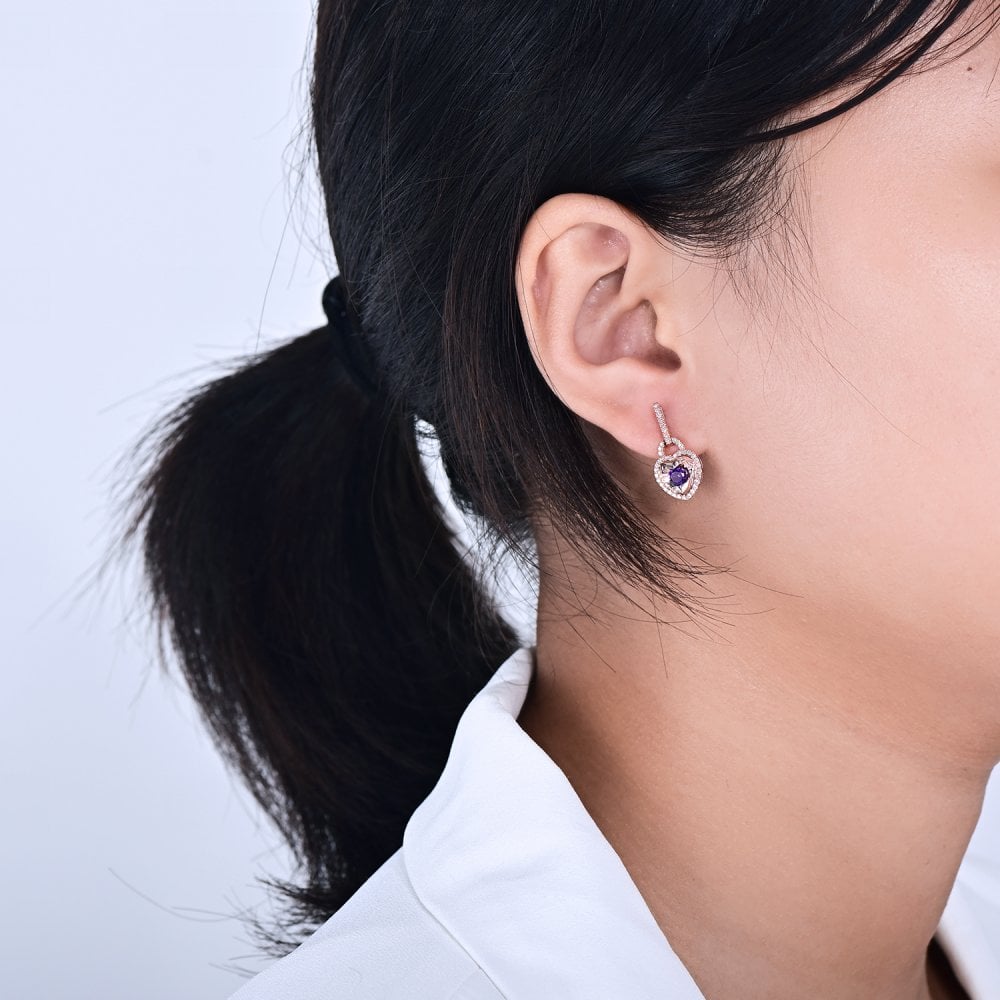 SPARKLD 9ct Rose Gold Diamond and Amethyst Heart Drop Earrings