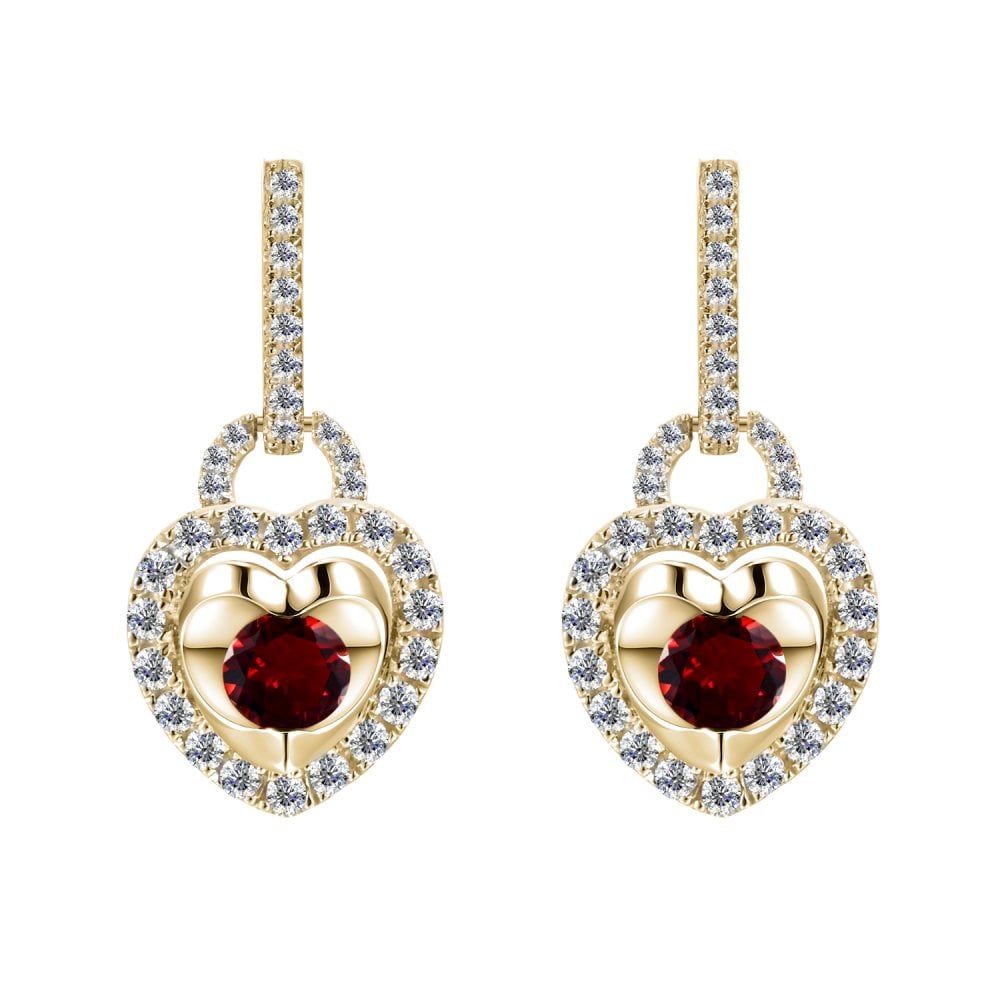 SPARKLD 9ct Yellow Gold Diamond and Garnet Heart Drop Earrings