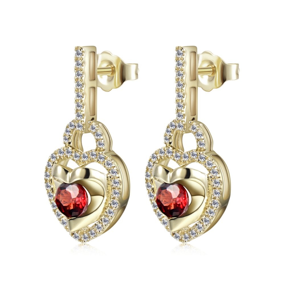 SPARKLD 9ct Yellow Gold Diamond and Garnet Heart Drop Earrings