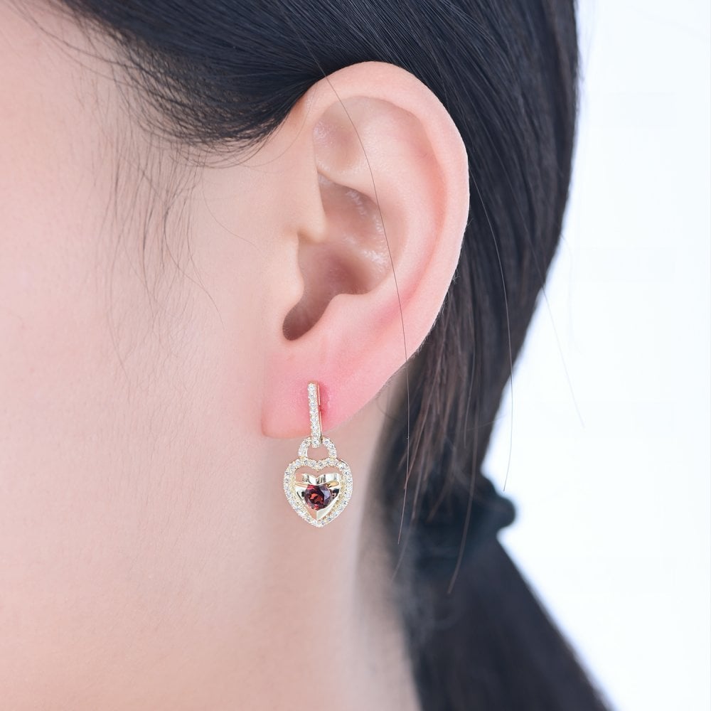 SPARKLD 9ct Yellow Gold Diamond and Garnet Heart Drop Earrings
