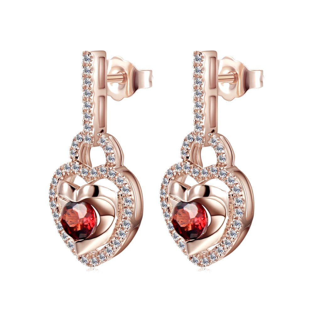 SPARKLD 9ct Rose Gold Diamond and Garnet Heart Drop Earrings