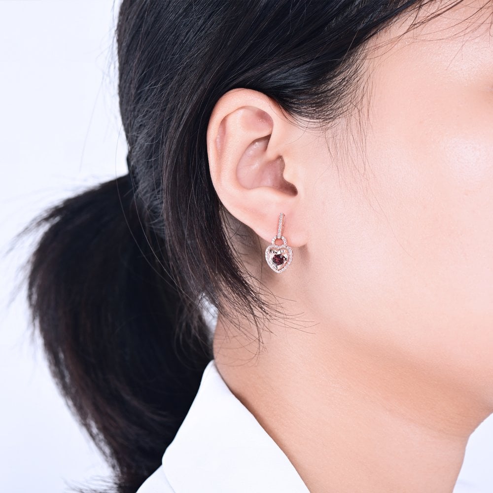 SPARKLD 9ct Rose Gold Diamond and Garnet Heart Drop Earrings