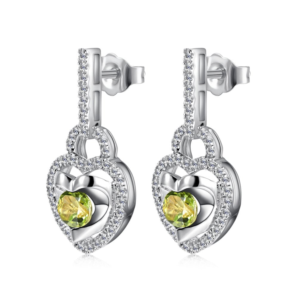 SPARKLD 9ct White Gold Diamond and Peridot Heart Drop Earrings