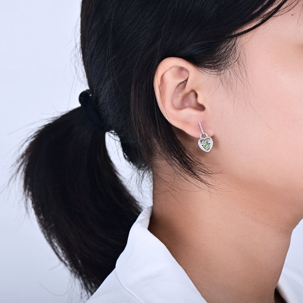 SPARKLD 9ct White Gold Diamond and Peridot Heart Drop Earrings