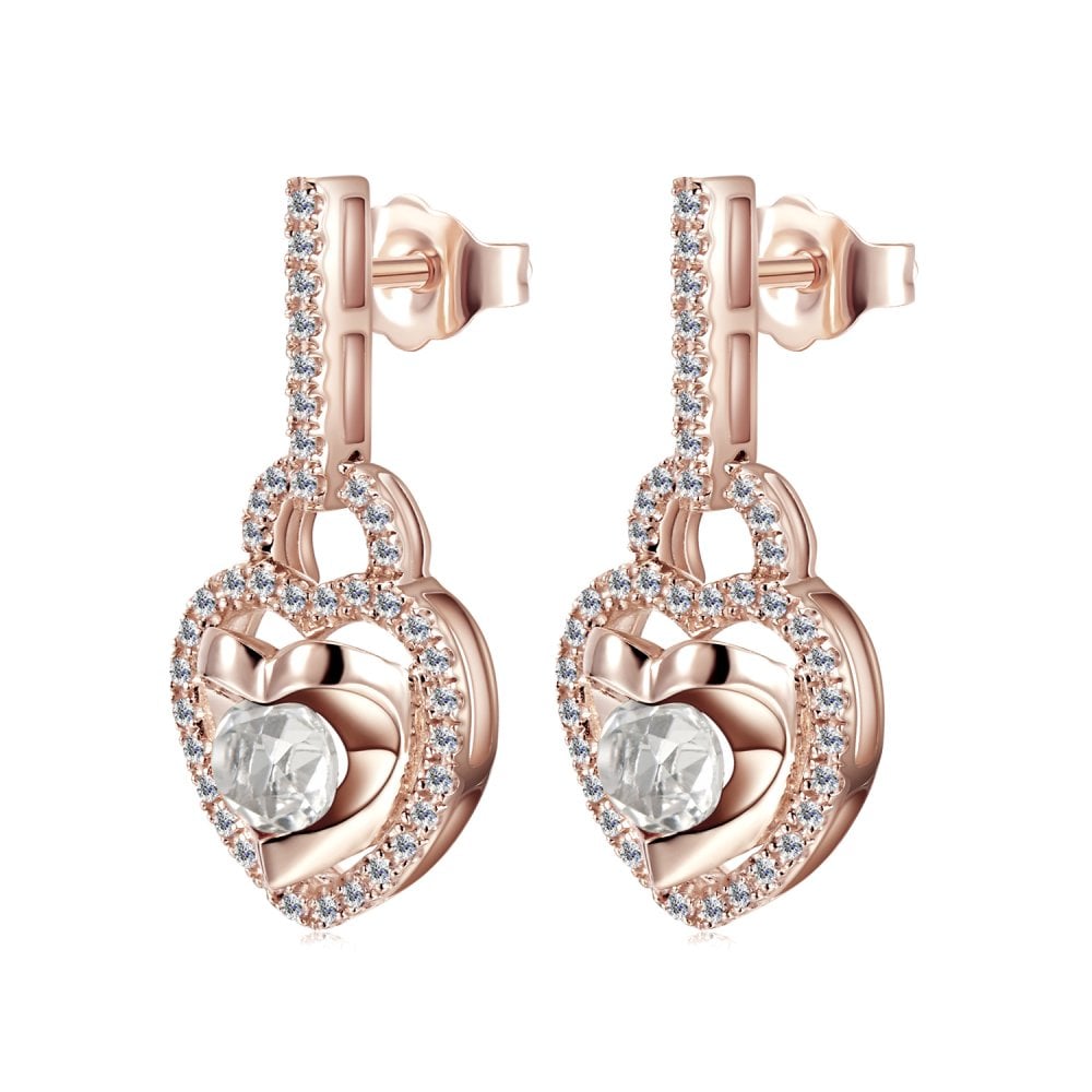 SPARKLD 9ct Rose Gold Diamond and White Topaz Heart Drop Earrings