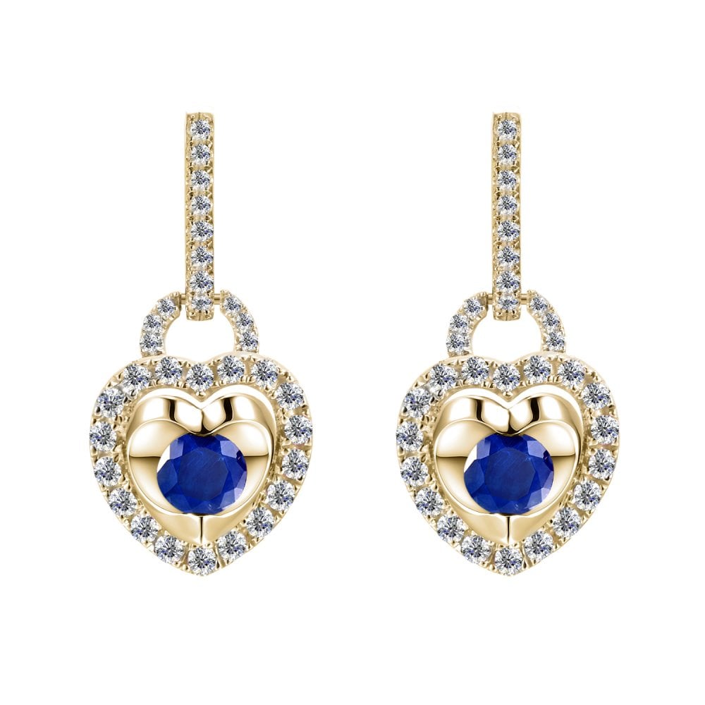 SPARKLD 9ct Yellow Gold Diamond and Sapphire Heart Drop Earrings