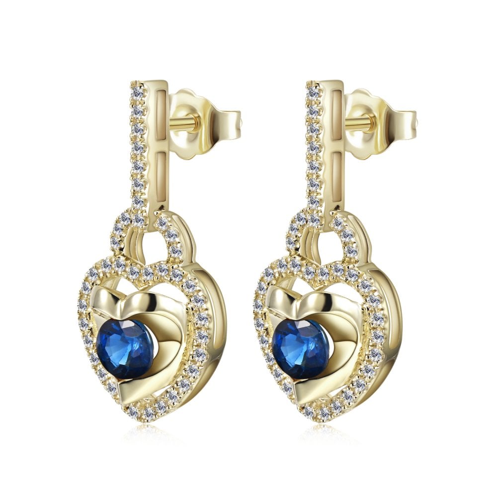 SPARKLD 9ct Yellow Gold Diamond and Sapphire Heart Drop Earrings