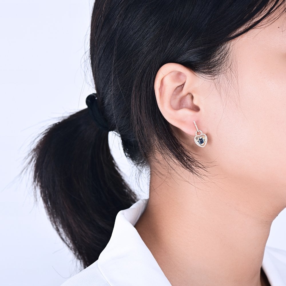 SPARKLD 9ct Yellow Gold Diamond and Sapphire Heart Drop Earrings