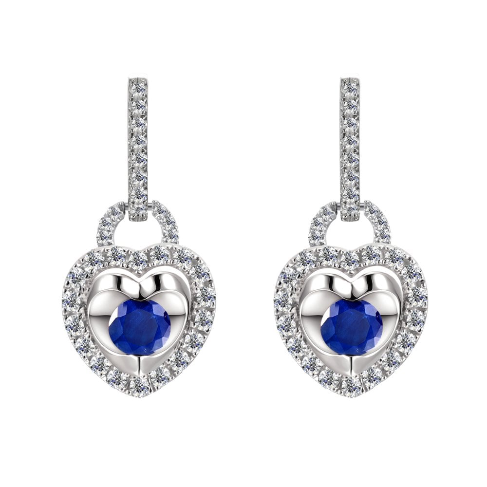SPARKLD 9ct White Gold Diamond and Sapphire Heart Drop Earrings