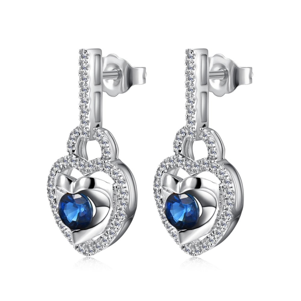 SPARKLD 9ct White Gold Diamond and Sapphire Heart Drop Earrings