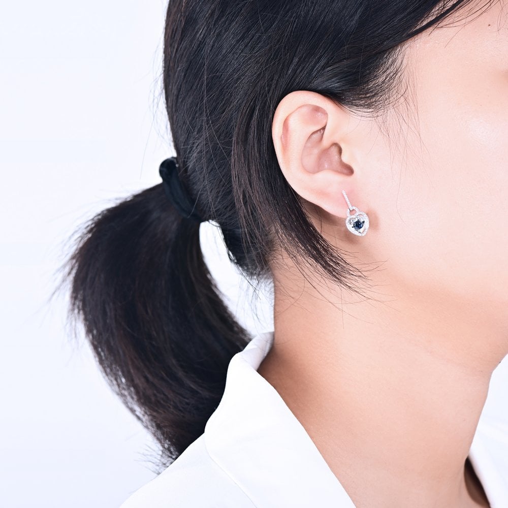 SPARKLD 9ct White Gold Diamond and Sapphire Heart Drop Earrings