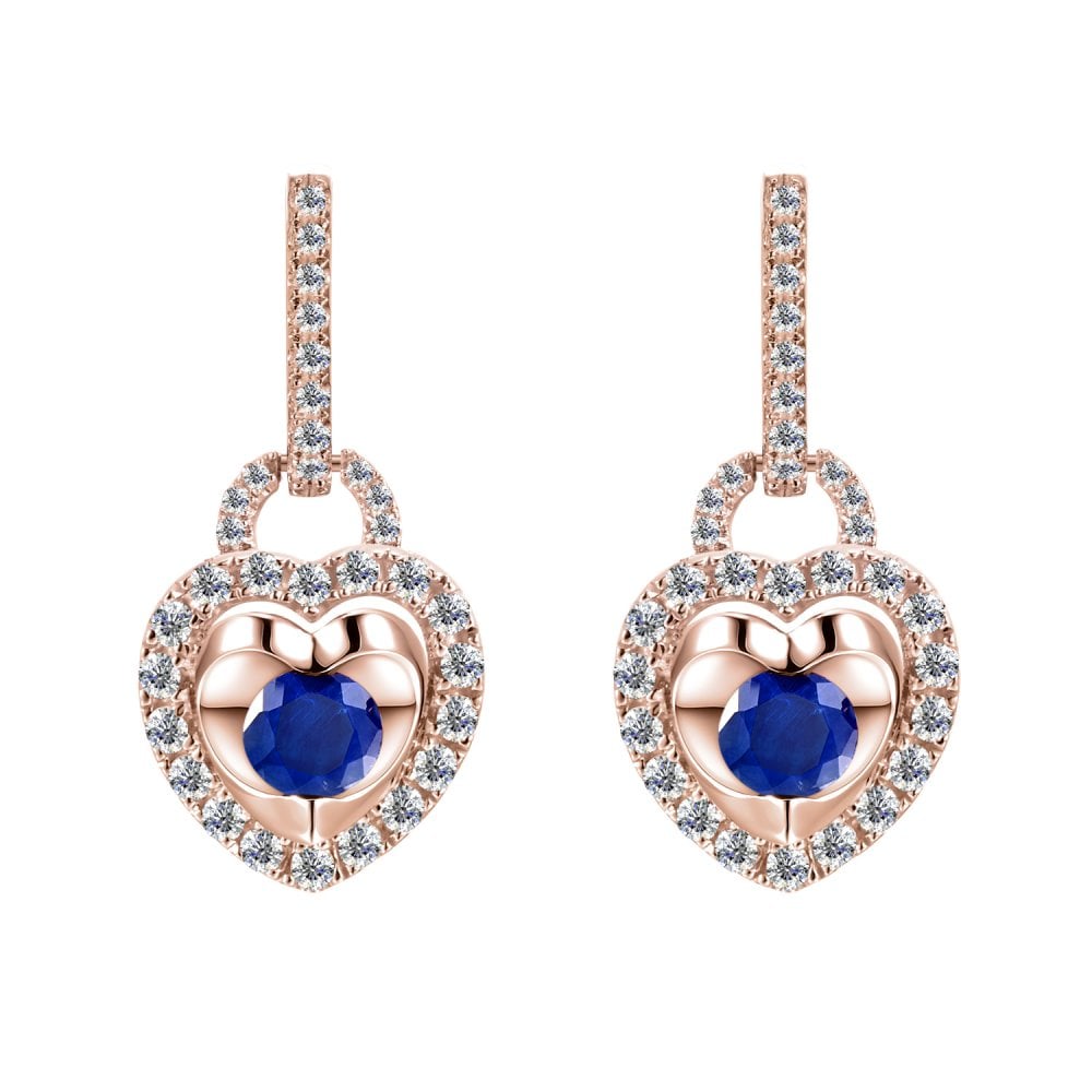 SPARKLD 9ct Rose Gold Diamond and Sapphire Heart Drop Earrings