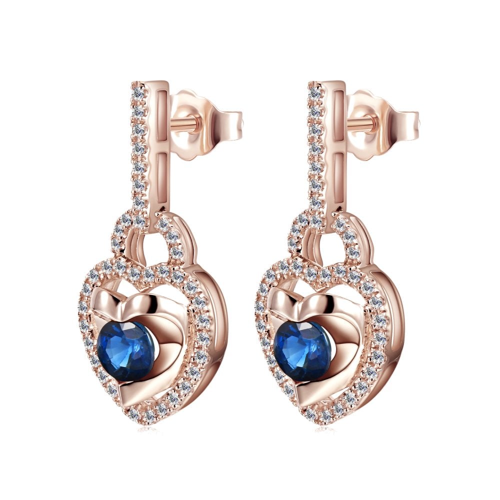 SPARKLD 9ct Rose Gold Diamond and Sapphire Heart Drop Earrings
