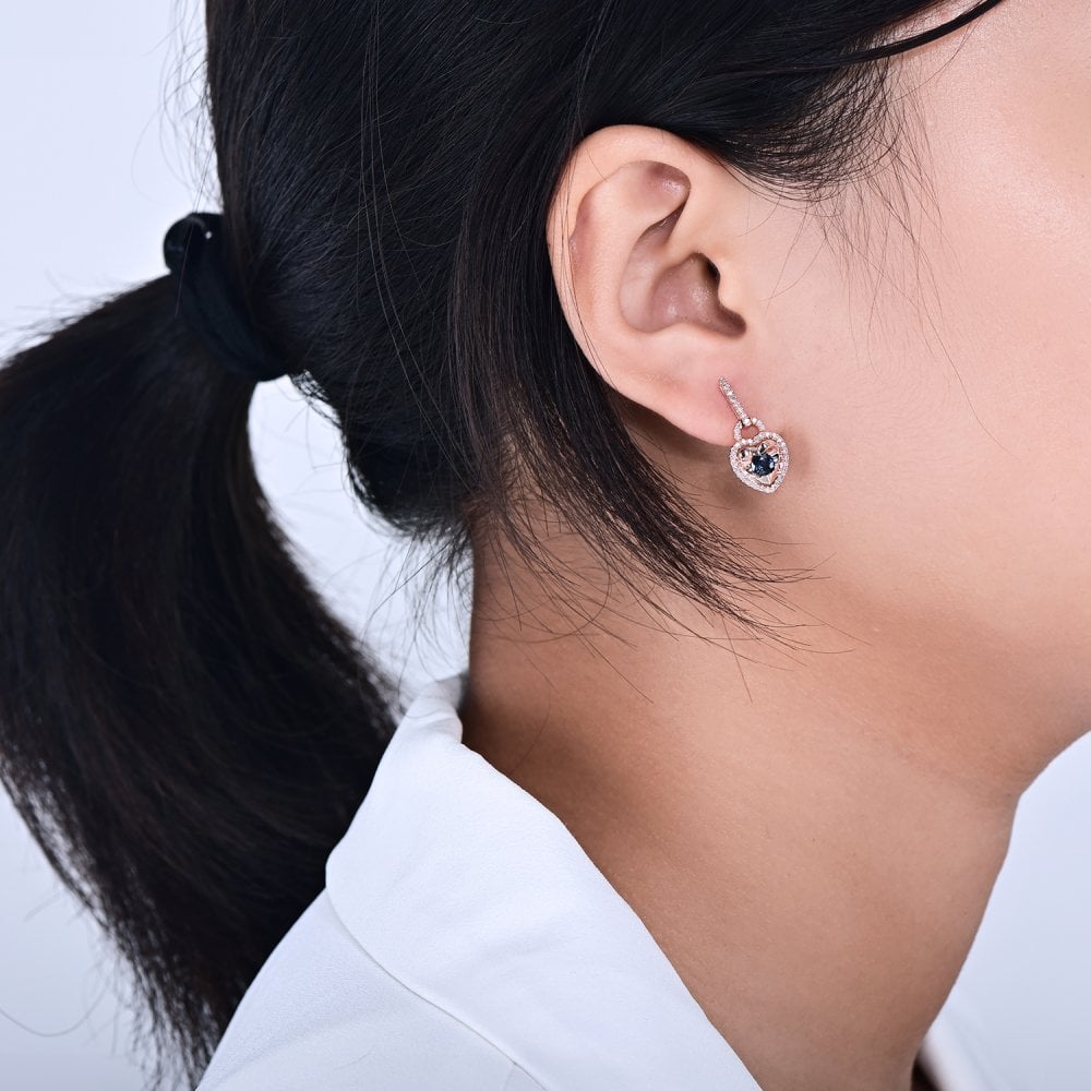 SPARKLD 9ct Rose Gold Diamond and Sapphire Heart Drop Earrings