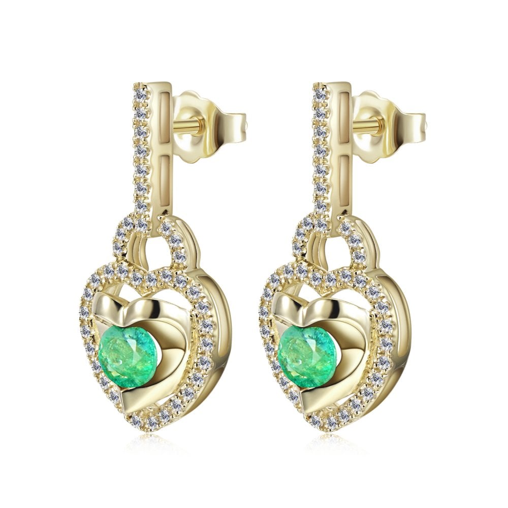 SPARKLD 9ct Yellow Gold Diamond and Emerald Heart Drop Earrings