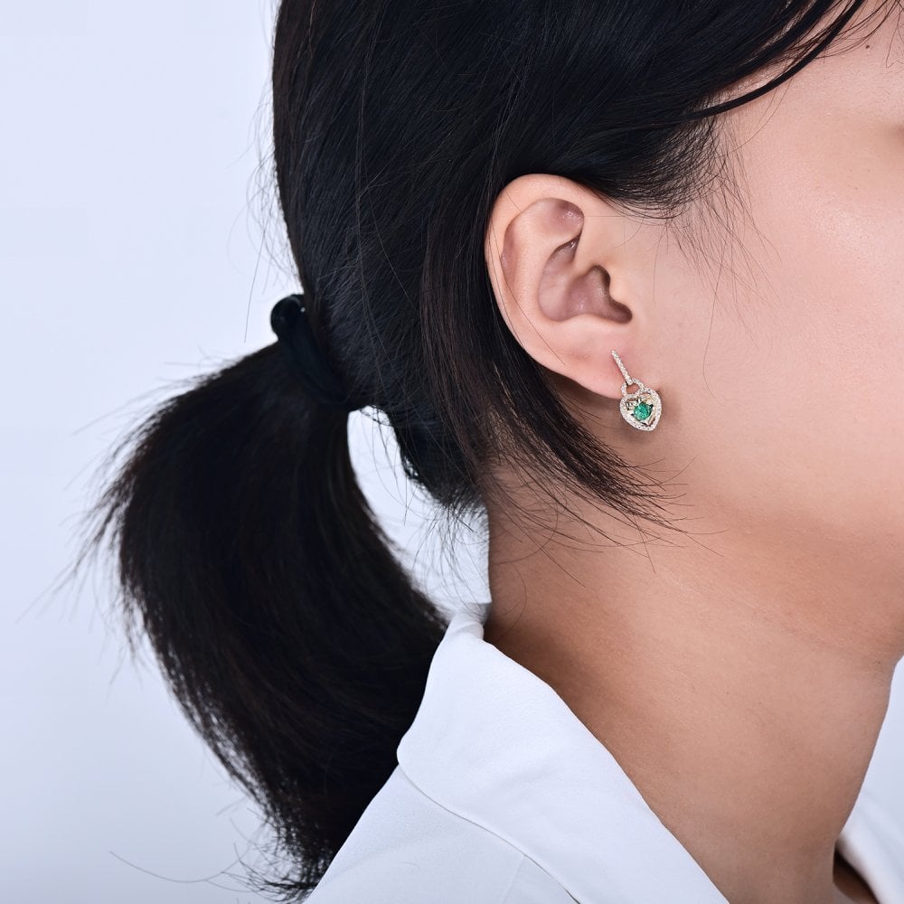 SPARKLD 9ct Yellow Gold Diamond and Emerald Heart Drop Earrings