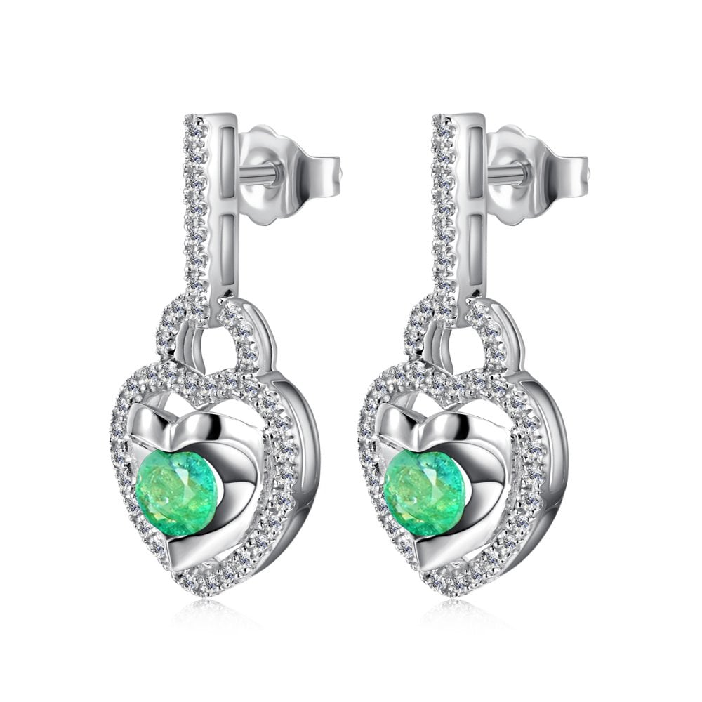 SPARKLD 9ct White Gold Diamond and Emerald Heart Drop Earrings