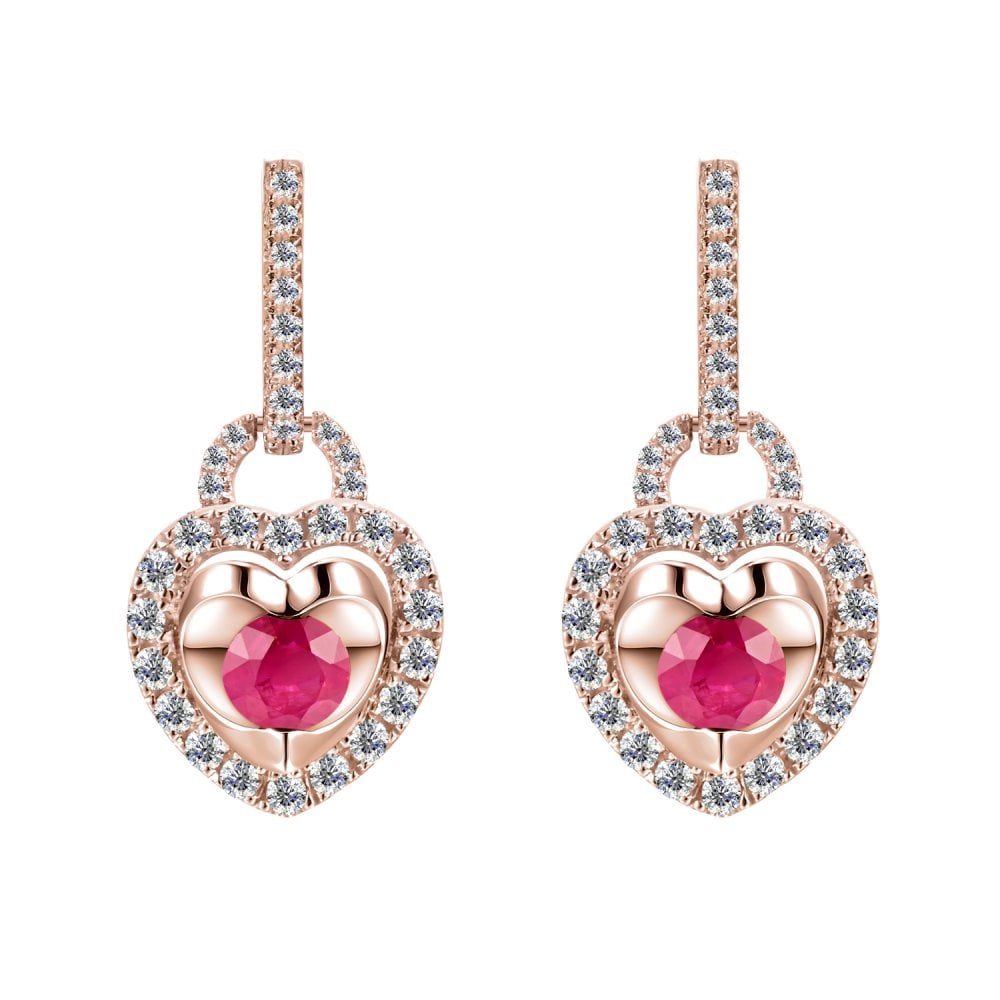 SPARKLD 9ct Rose Gold Diamond and Ruby Heart Drop Earrings