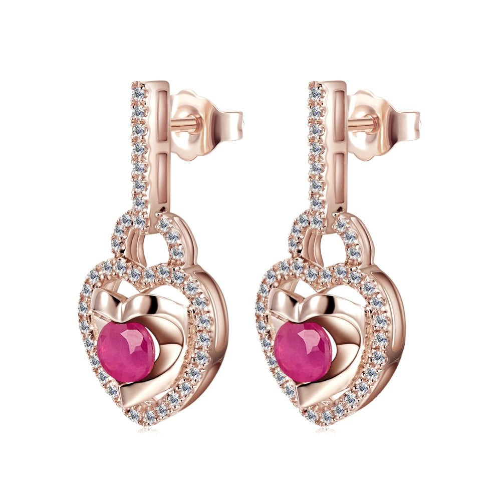 SPARKLD 9ct Rose Gold Diamond and Ruby Heart Drop Earrings