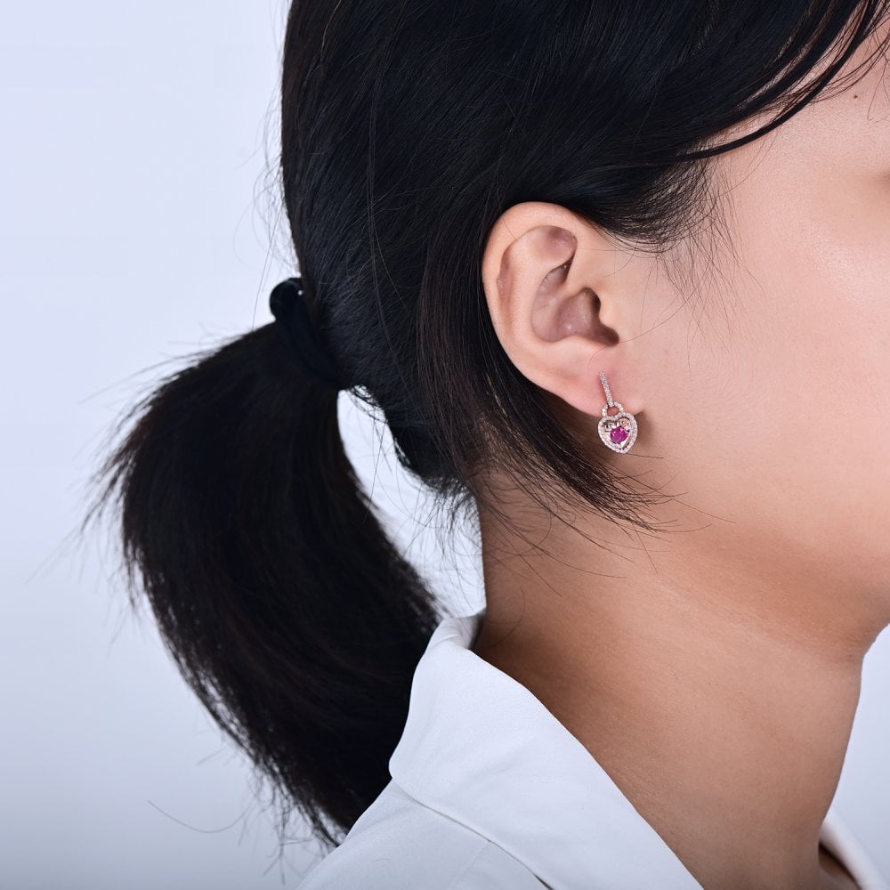 SPARKLD 9ct Rose Gold Diamond and Ruby Heart Drop Earrings