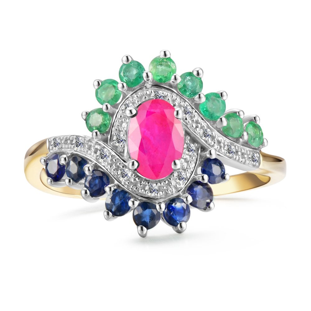 SPARKLD 9ct Yellow Gold Diamond and Multi Gem Cluster Ring