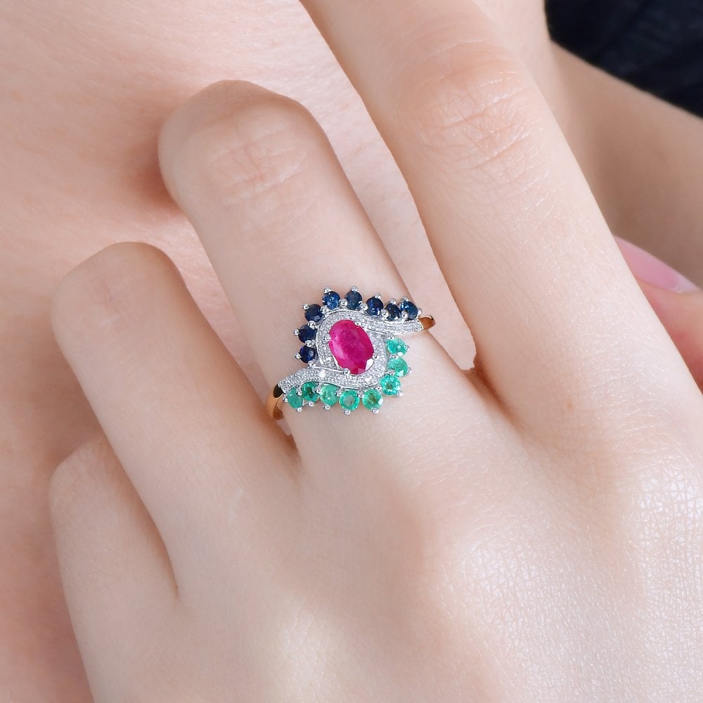 SPARKLD 9ct Yellow Gold Diamond and Multi Gem Cluster Ring