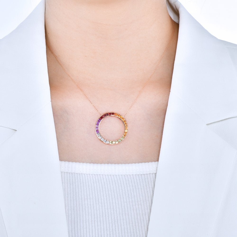 SPARKLD 9ct Rose Gold Multi Gem Circle Necklace