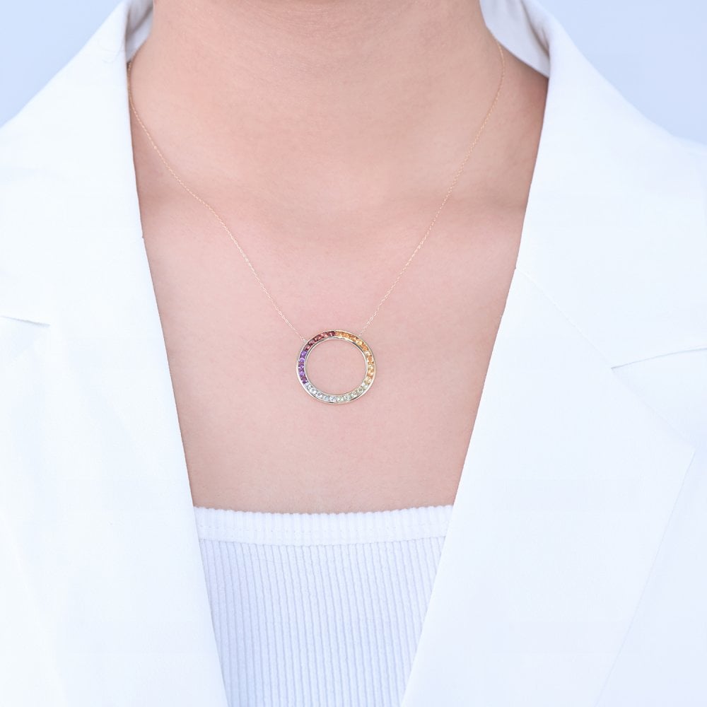 SPARKLD 9ct Yellow Gold Multi Gem Circle Necklace