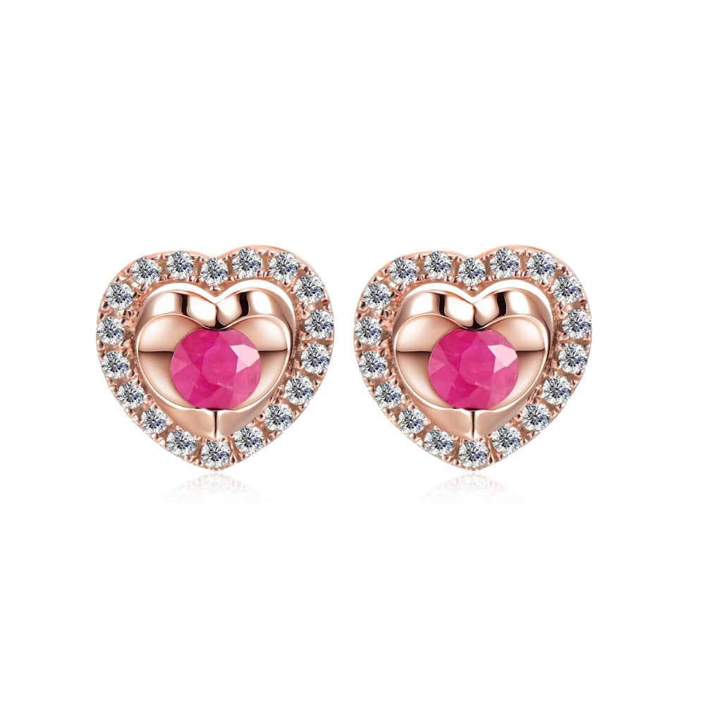 SPARKLD 9ct Rose Gold Diamond and Ruby Heart Stud Earrings