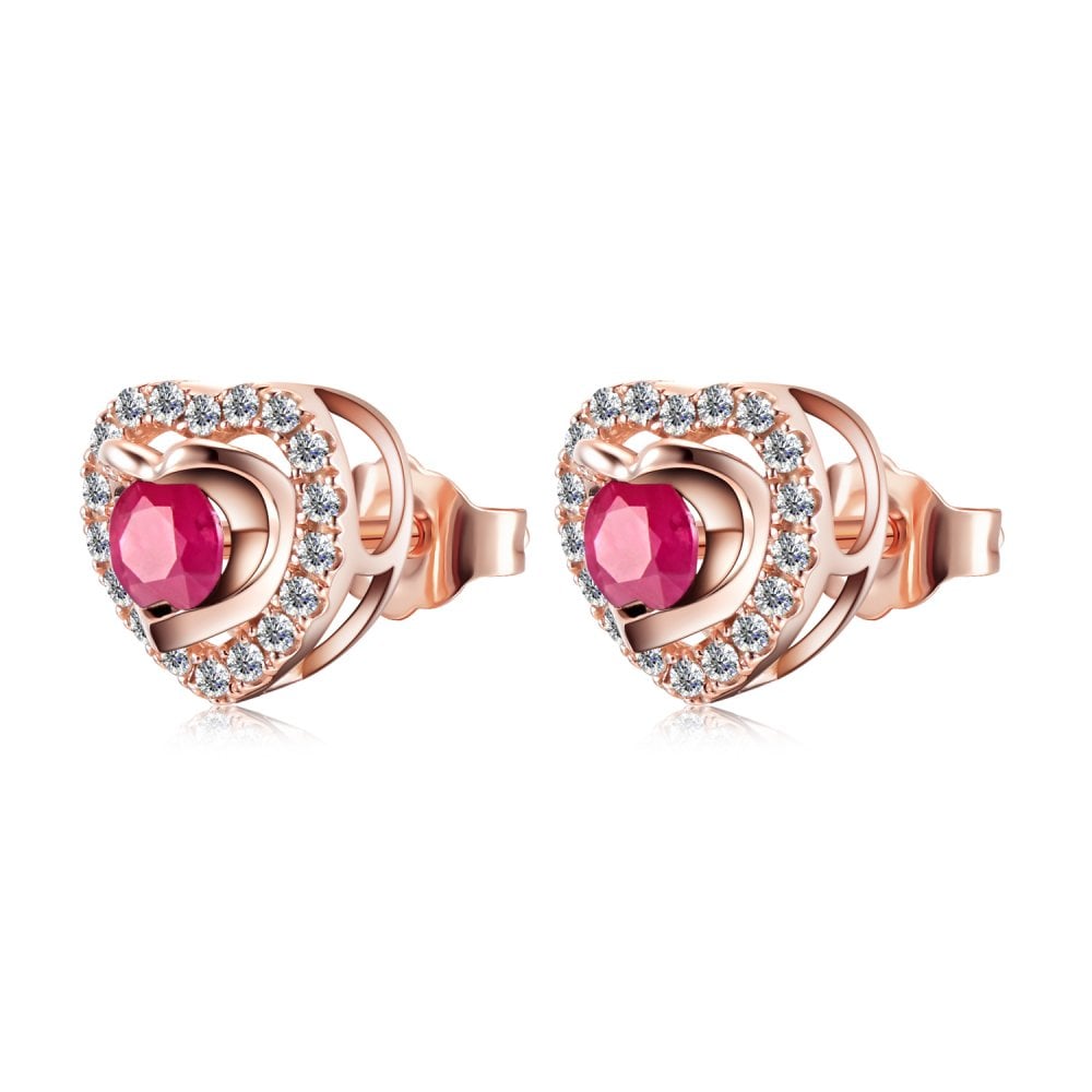 SPARKLD 9ct Rose Gold Diamond and Ruby Heart Stud Earrings