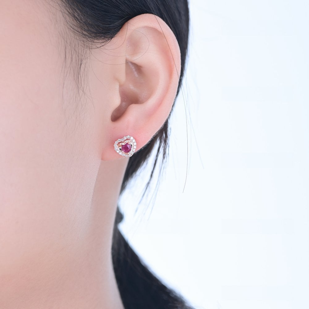 SPARKLD 9ct Rose Gold Diamond and Ruby Heart Stud Earrings