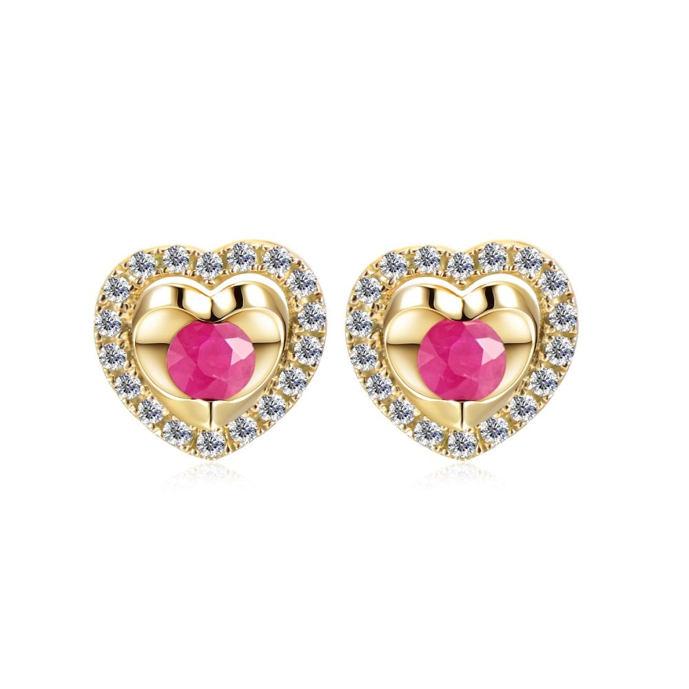 SPARKLD 9ct Yellow Gold Diamond and Ruby Heart Stud Earrings