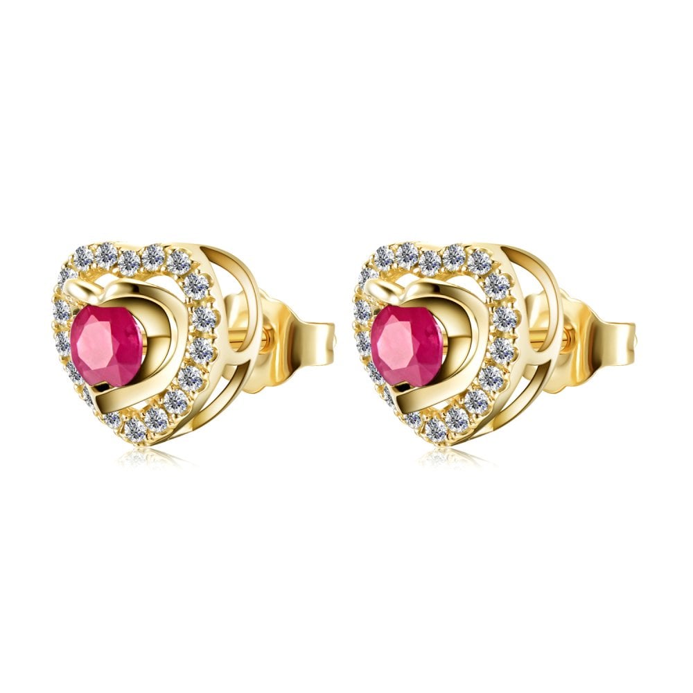 SPARKLD 9ct Yellow Gold Diamond and Ruby Heart Stud Earrings