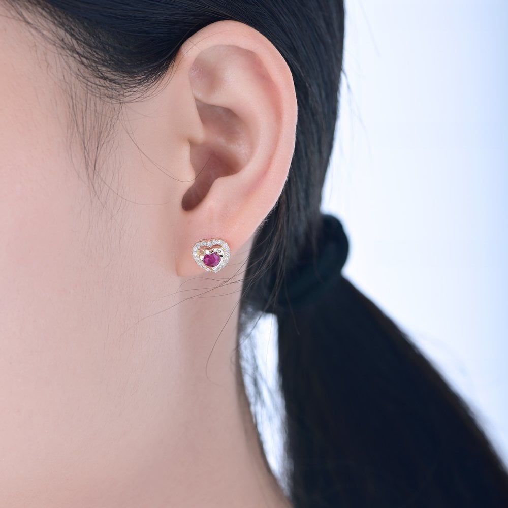 SPARKLD 9ct Yellow Gold Diamond and Ruby Heart Stud Earrings
