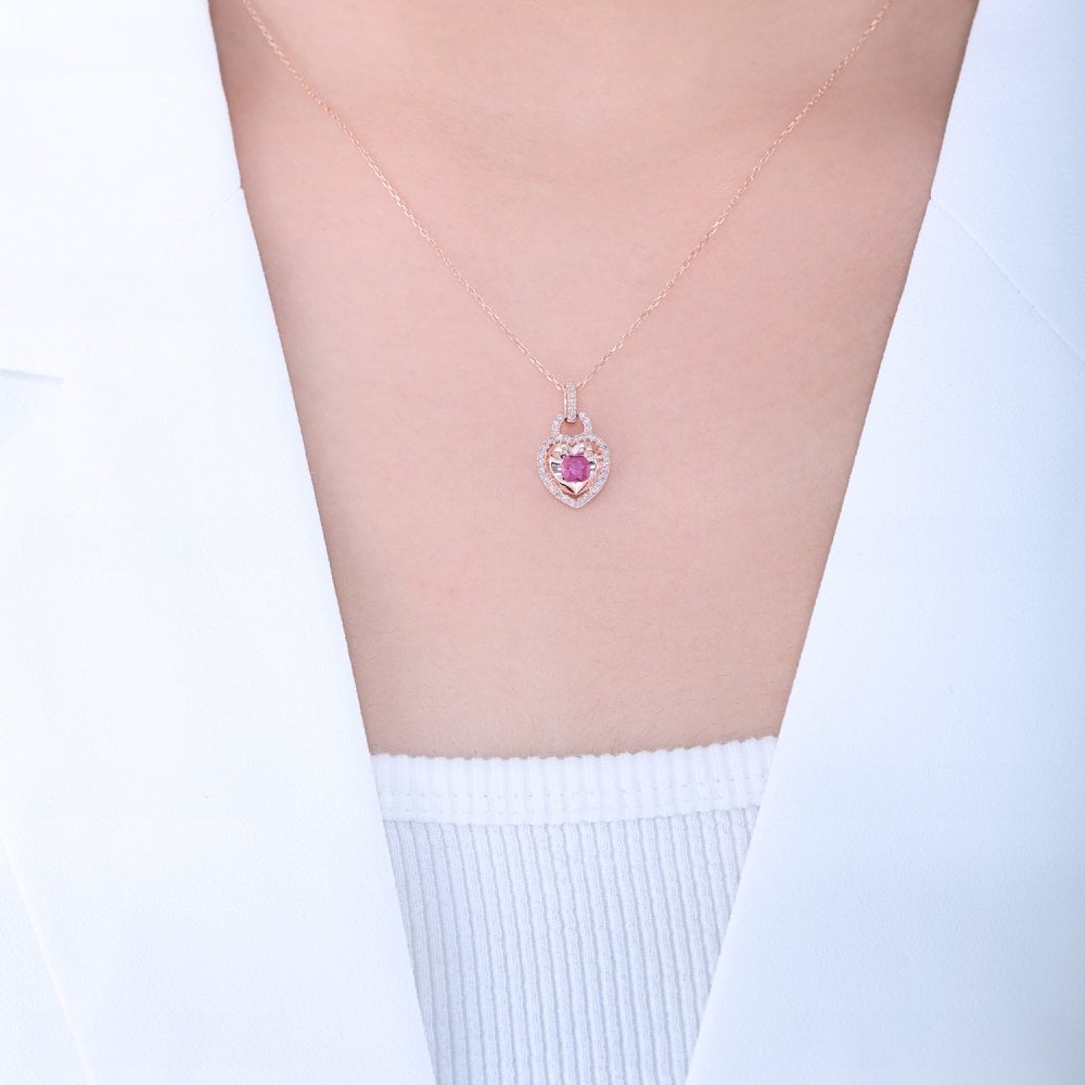 SPARKLD 9ct Rose Gold Diamond and Ruby Heart Pendant Necklace