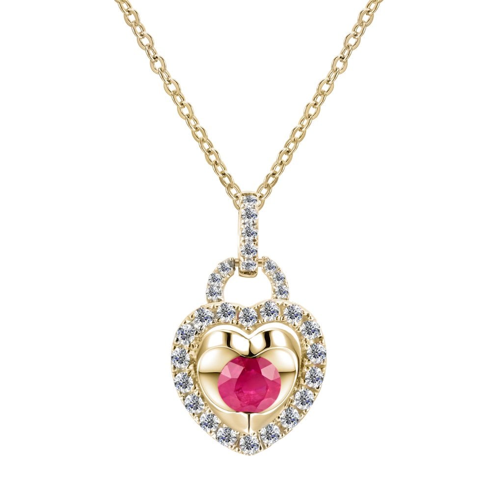 SPARKLD 9ct Yellow Gold Diamond and Ruby Heart Pendant Necklace
