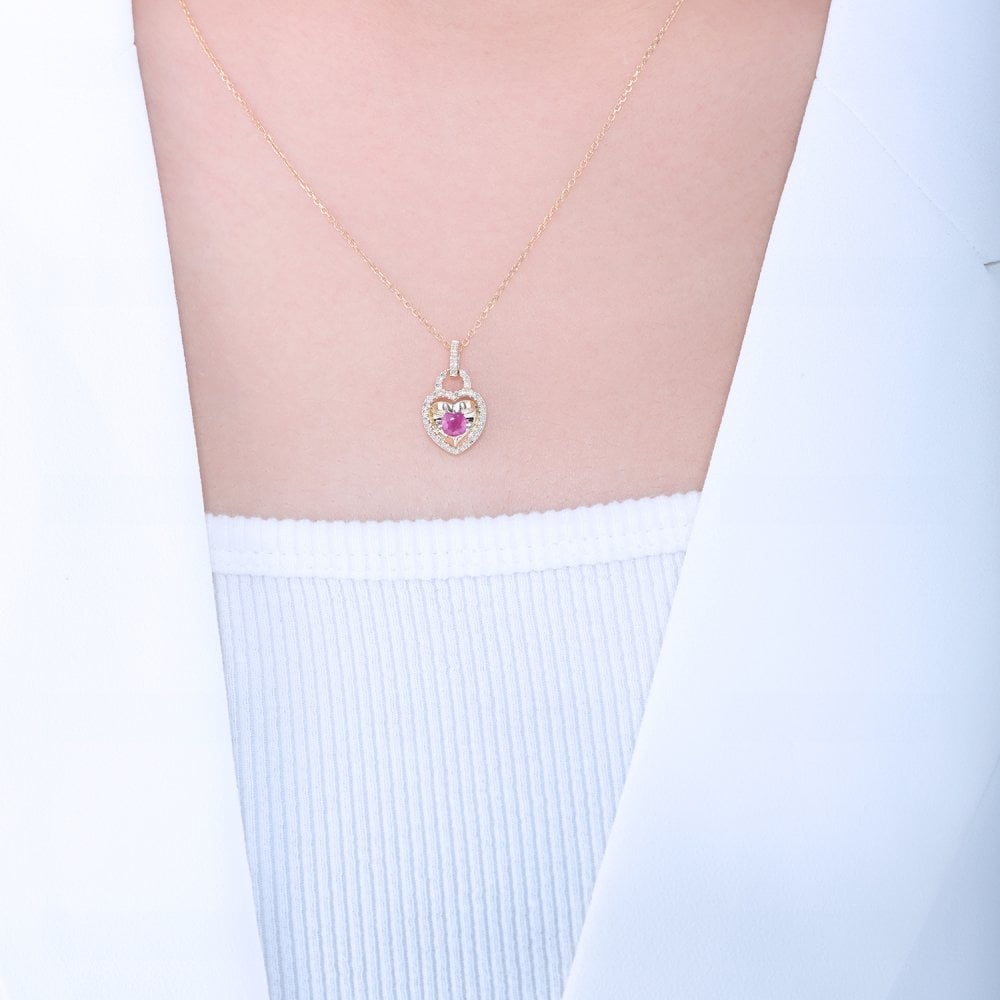SPARKLD 9ct Yellow Gold Diamond and Ruby Heart Pendant Necklace