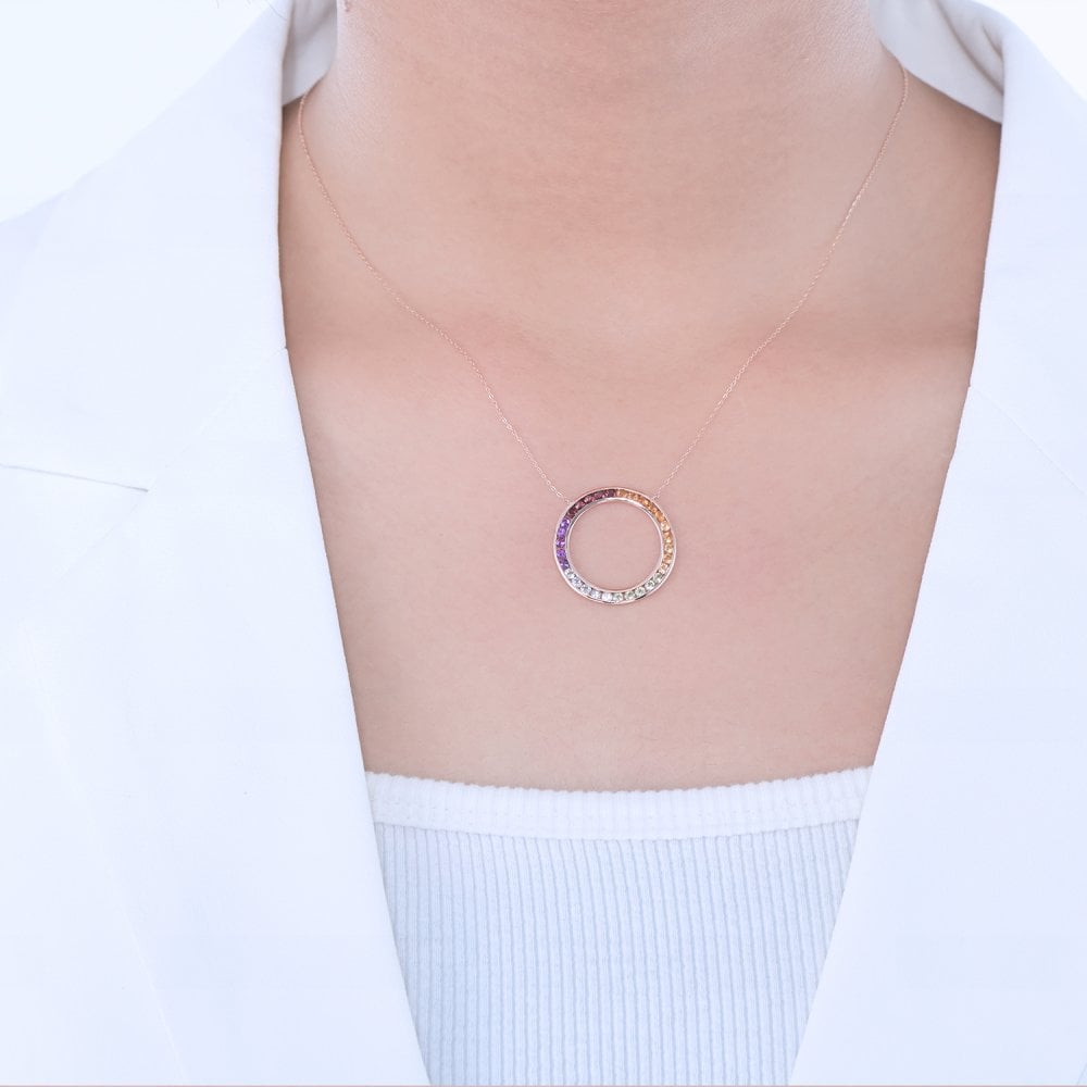 SPARKLD 9ct Rose Gold Multi Gem Circle Necklace