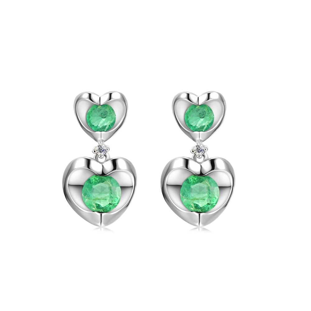 SPARKLD 9ct White Gold Diamond and Emerald Heart Drop Earrings