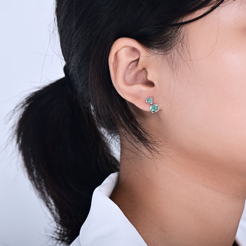 SPARKLD 9ct White Gold Diamond and Emerald Heart Drop Earrings