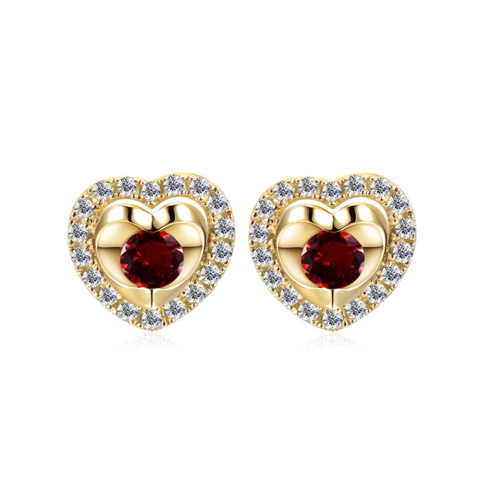 SPARKLD 9ct Yellow Gold Diamond and Garnet Heart Stud Earrings
