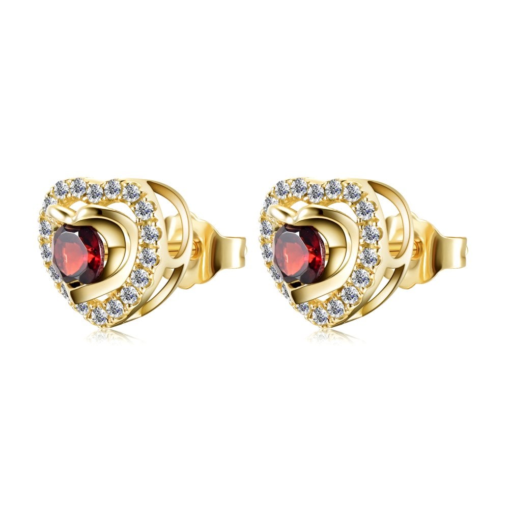 SPARKLD 9ct Yellow Gold Diamond and Garnet Heart Stud Earrings