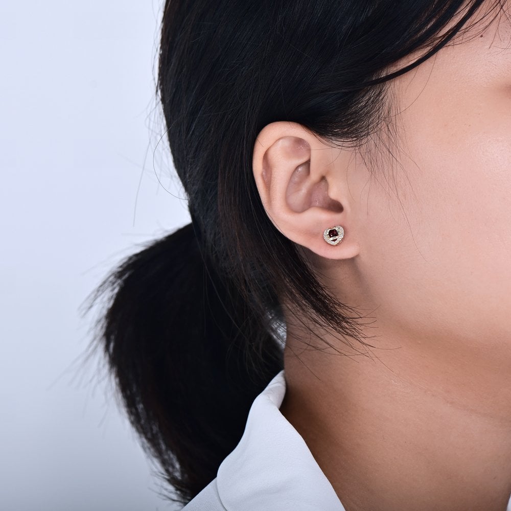 SPARKLD 9ct Yellow Gold Diamond and Garnet Heart Stud Earrings