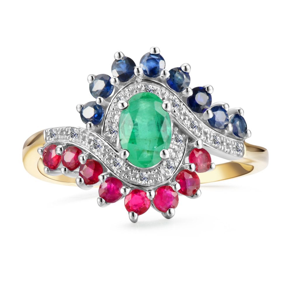 SPARKLD 9ct Yellow Gold Diamond and Multi Gem Cluster Ring