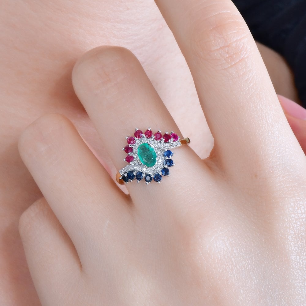 SPARKLD 9ct Yellow Gold Diamond and Multi Gem Cluster Ring