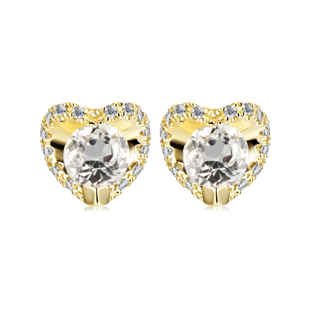 SPARKLD 9ct Yellow Gold Diamond and White Topaz Heart Stud Earrings